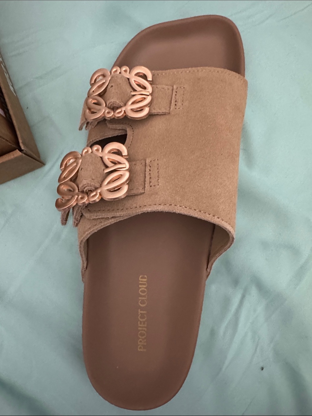 Project Cloud Suede Slide Mule in Camel with Decorative Buckles